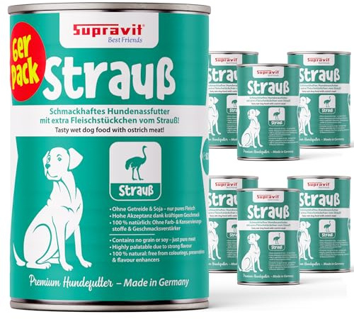 Supravit Nassfutter für Hunde I 6 x 820g mit schmackhaftem Strauß | I Hundefutter nass Hunde Dosenfutter I getreidefreies Hundefutter für deinen ernährungssensiblen Hund I gut verdaulich