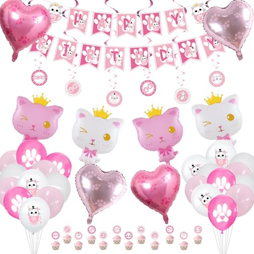 XJLANTTE Katzengeburtstagsfeierzubehör - Katzen-alles- Gute zum Geburtstagbanner, Kronen-Katzenballon, Katzenpfoten-Macaron-Ballon, Herzballon (Set 01)