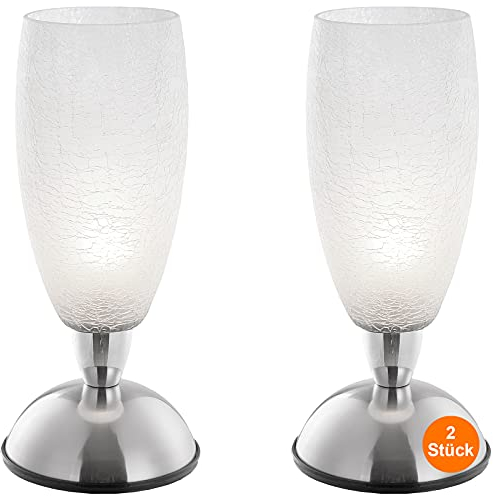 bmf-versand Nachttischlampe 2er Set Touch Schalter - Tischlampe Wohnzimmer Modern Silber - Lampenschirm Glas Weiß Bruch Optik- Lampe Schlafzimer Nachttisch - Dekolampen Innen Fensterbank - 28 cm