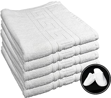 ROYAL EUROPE TEXTILE SL 5 Toallas de Ducha, 100% algodón, Medidas 70x140 cms. Acabado en Greca más Unas cómodas Zapatillas de Regalo Color Blanco. 450 Gramos/m2.