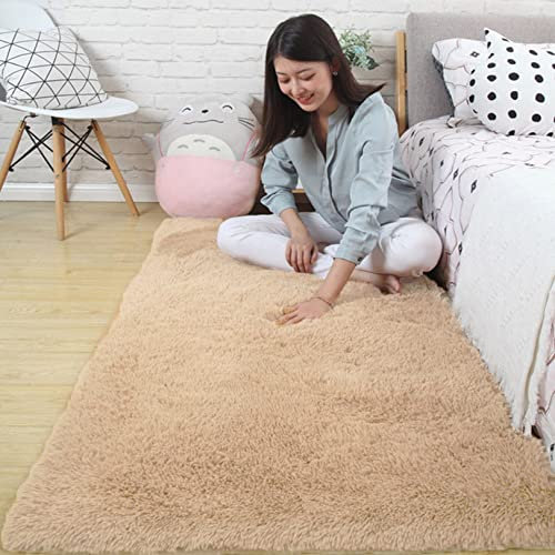 CHBIN Langflor 140x140cm Hochflor Teppich Nachahmung Wolle Teppich Fellteppich Longhair Einfach zu Säubern für Wohnzimmer Kinderzimmer Schlafzimmer Flur Läufer, Khaki