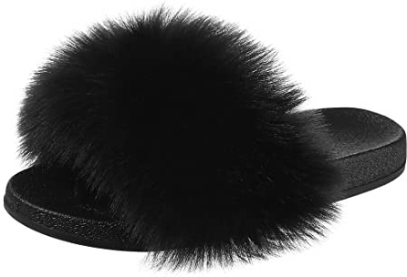 Nasogetch Women Sliders Fluffy Slippers, Faux Fur Open Toe Slides Sandals for Girls Slip On Plush House Shoes for Indoor Outdoor 026 Black 4.5/5.5UK 38/39EU