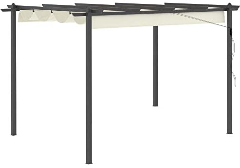Outsunny 4 x 3(m) Aluminium Outdoor Pergola with Retractable Roof, Outdoor Gazebo Canopy Shelter with Grommet Holes for Garden, Patio, Lawn, Cream White