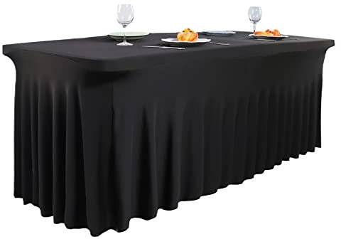 Dololoo Spandex Table Skirts 6ft for Rectangle Table, Table Cover for 6ft Table with Skirt, Fitted Rectangular Stretchable Table cloth for Wedding Party Exhibitions Cocktail Bar Patio Craft- Black
