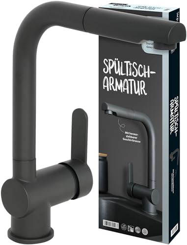 'aquaSu® Limited Küchenarmatur Spüle, Spültischarmatur mit ausziehbarer Geschirrbrause, Kosten-sparende Kaltwassermittelstellung, Wasserhahn Küche, Keramikkartusche, Messing, grau-matt, 870344