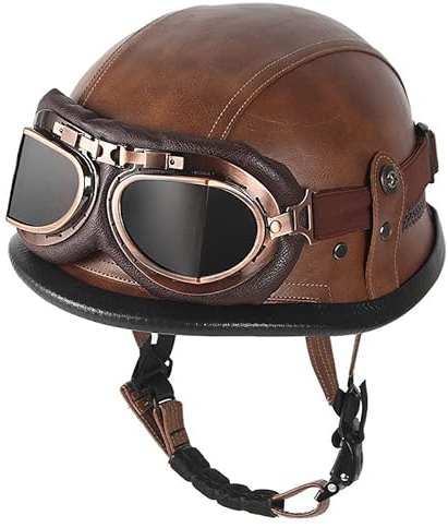 Leder Motorrad Halbhelme Retro Halbschalenhelm Jethelm mit Visier Schnellverschluss Schnalle für Cruiser Chopper Biker Moped ECE-Zulassung-Dunkelbraun