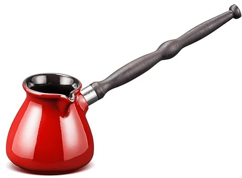 Türkische Kaffeekanne aus Keramik, 220 ml, Cezve Ibrik Briki Turka Inove, rote Farbe, mit abnehmbarem Holzgriff für Gasherde und Elektroherde