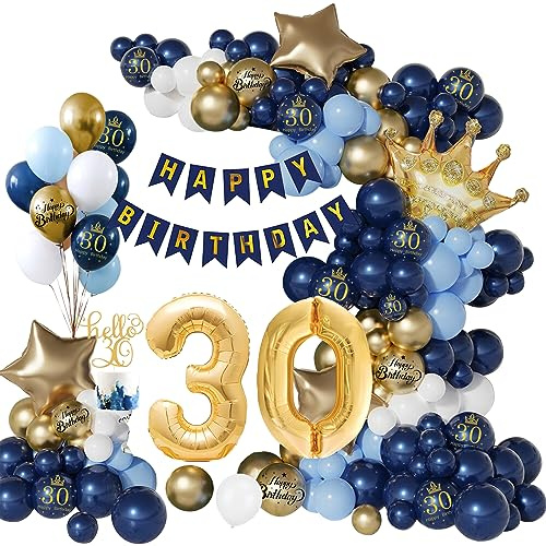 30 Geburtstag Deko, 30. Geburtstag Männer Frauen Dekorationen, Deko 30 Mann Frau 30, Nummer 30 Folienballons, 30. Marineblaues Gold Luftballons für 30 Jahre Mann Frauen