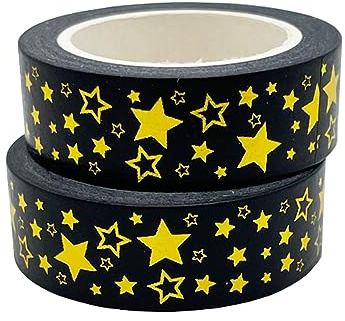 Jukway 2 Rollen Washi Tape Set Gold Foliendruck Masking Tape Muster dekorative Klebeband für DIY Scrapbooking, Handwerk, Geschenkverpackung, 15mm X 10m/Rolle (Schwarz Gold Sterne)
