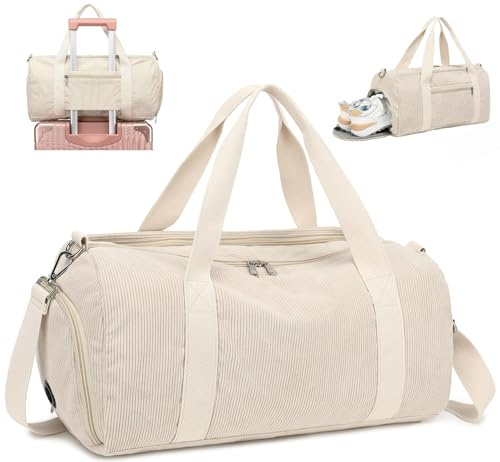 BTOOP Sac de Sport pour Filles, Enfants, Gym, Sport, Femme, Sac de Voyage, Week-End avec Compartiment à Chaussures et Poche Humide, Velours côtelé Beige, Poche Humide, Compartiment à Chaussures