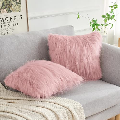 uxcell Paquete de 2 fundas de cojín de imitación esponjosas para sofá y dormitorio, fundas de almohada suaves con cierre de cremallera, fundas de almohada largas y peludas de 18 x 18 pulgadas, color