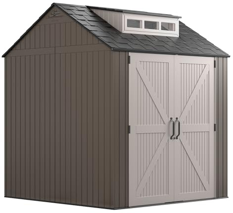 Rubbermaid Large Resin Outdoor Storage Shed With Floor (7 x 7 Ft.), Weather Resistant, Brown, Organization for Home/Lawn Mower/Backyard Equipment/Bike Storage/Pool Supplies