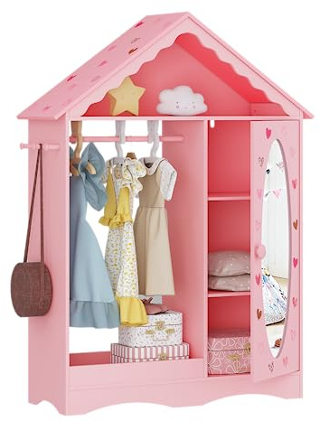 UTEX Kids Dress Up Storage with Mirror, Kids Wardrobe Closet, Dress Up Armoire for Little Girls, Open Hanging Costume Organizer with Storage Cabinet for Kids Room, Playroom
