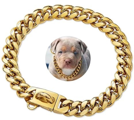 YHJLZNA Edelstahl Silber Gold Hundehalsband,Kubanisches Hundehalsband,14mm Starke Hundehalskette,Robustes Anti Kau Halsband FüR Kleine Und MittelgroßE Hunde(Size:14in,Color:Gold)