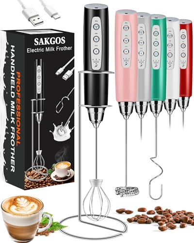 Sakgos Espumador de leche con soporte, recargable, espumador de café de mano con 3 batidores de acero inoxidable, 3 velocidades ajustables, batidor eléctrico de bebidas, licuadora de espuma para
