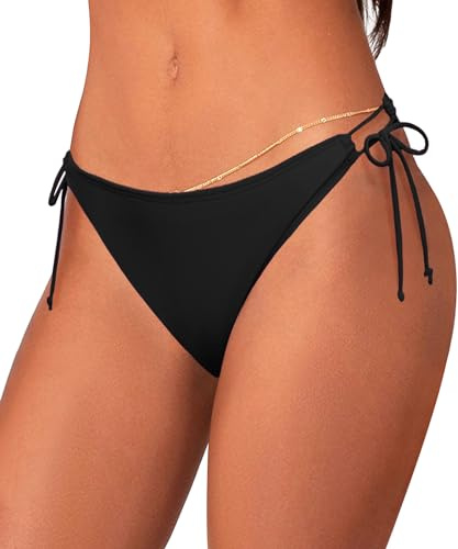 Coloquin Women's Bikini Bottoms Swim Briefs Side Tie Low Waist Swimsuit Swim Bottom Black S