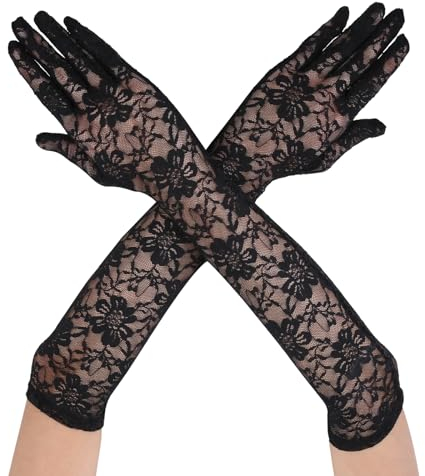 Telooco Hochzeit Spitzenhandschuhe Lange Spitze Handschuhe Damen Ellenbogen Braut Fingerhandschuhe Blumenkostüm Handschuhe Stretch Tee Partyhandschuhe Tanzhandschuhe 1920er Jahre Kostüm (Schwarz)