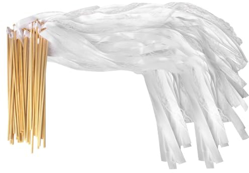 ZOYDP 50 Stück Wedding Wands, Weiß Wedding Wands Hochzeit, Luftschlangen mit Glocken, Ribbon Zauberstäbe Hochzeit Luftschlangen für Hochzeiten, Geburtstage Partys, Feiertagsfeiern Verwendets