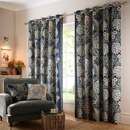 Appletree - Navy Blue Botanical Curtains W66 x L72 (168 x 183cm) - Dark Blue Eyelet With Flowers - Vintage Floral Drapes for Bedroom & Living Room - Blue Door Curtain