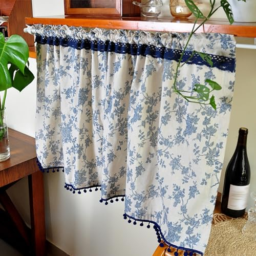 YHWKGZ Bistrogardine, Gardinen kurz aus Blauer Baumwolle und Leinen, Kleine Vorhänge for Cafés, Blumen Kurze Küchenvorhänge, Um Hässlichkeit zu verbergen(W55.1xH59/140x150cm)