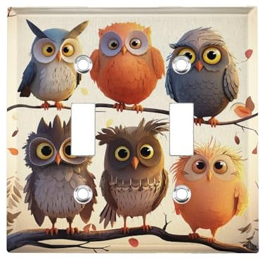Gufi Uccelli 2-Gang Doppia Toggle Piastra Copertura Decorativa Interruttore di Luce Piastra Elettrica per Camera da Letto Cucina Decorazione Casa 11,4 x 11,7 cm