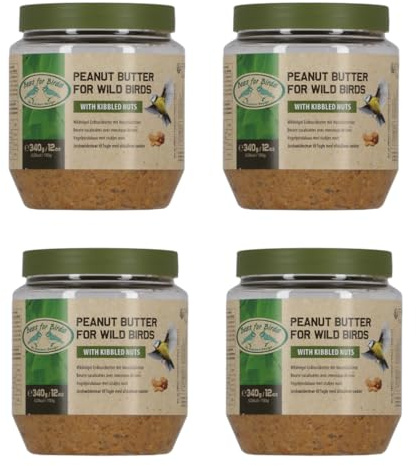 Vogelfutter ungesalzene Erdnussbutter für Gartenvögel mit Nussstücken 4X 340g Wildvogelfutter Vögel PET-Glas Fettfutter (935)