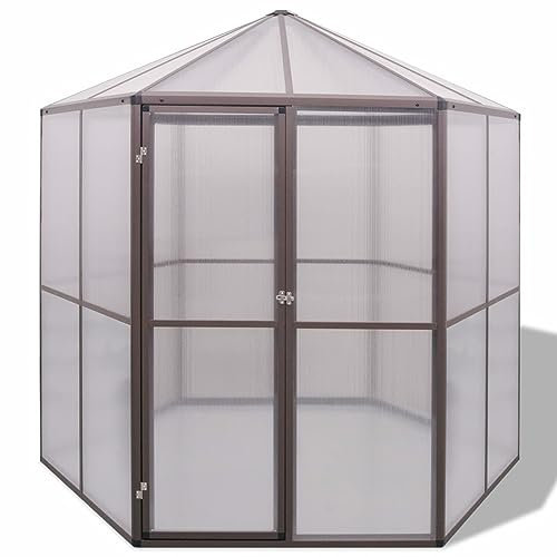 IKAYAA Gewächshaus Aluminium mit Fundament 240×211×232 cm Gartenhaus Winterfest Gewächshaus Glas Glashaus Garten Tomatenhaus Frühbeet und Pflanzenhaus Braun