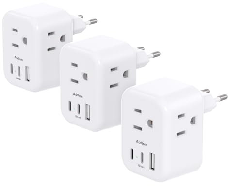 3 Pack European Travel Plug Adapter, Addtam US to Europe Plug Adapter with 3 Outlets 3 USB Charger (2 USB C Port), Type C Power Adaptor to Italy Spain France Portugal Iceland