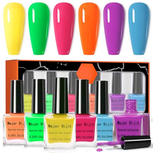 6PCS Neon Nail Varnish Sets - Colorful nail polish Set - No Bake Non UV Nail Polish Quick Dry - Hot Pink Yellow Green Blue Orange Nail Polish Long Lasting for Women French Manicure