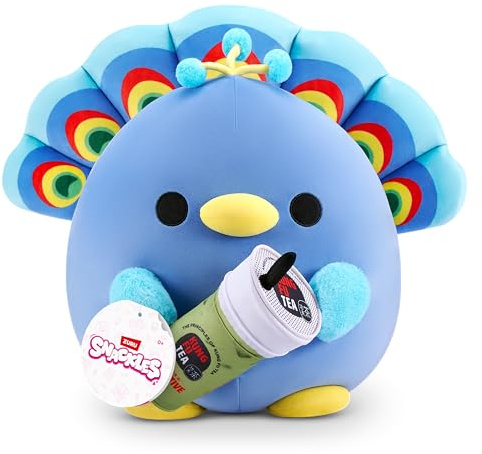 Snackles 20 cm großes Plüschspielzeug Serie 3 (LEVI) von ZURU, Plüschspielzeug mit Snackmarken-Accessoire, Peacock with Kung Fu Tea (Matcha)