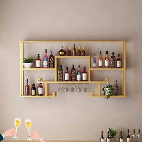 DOUYRN Mensole da Bar in Metallo per Vino montate a Parete con portabicchieri da Vino sospeso e Luce a LED per Esposizione di Bottiglie di liquore, Ripiani da Bar galleggianti da bancone,