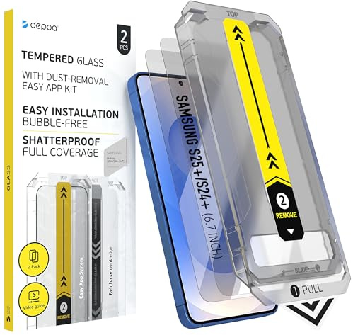 Deppa |2 Stück| Schutzfolie für Samsung Galaxy S25+ Plus/S24+ Plus (6,7') mit Smart-Schablone | FINGERABDRUCK-KOMPATIBEL | Stoßfest | Vollständige Abdeckung | Blasenfreie, einfache Installation