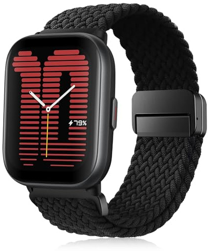 RUIMAYA Tressé Bracelet Montre en Nylon Compatible avec Amazfit Active/2/GTS 4/GTS 4 Mini/GTS 3/GTS 2 Mini/Bip/GTR 42mm/Pop, Bracelet Montre Connectée 20mm Élastique, Noir