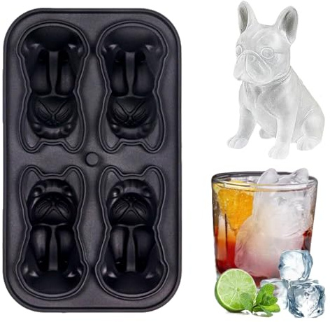 French Bulldog Ice Mold, 2025 Silikon Eiswürfelform Bulldogge, 4-Fach Eiswürfelform Groß, Eisform mit Französischer Bulldogge Eiswürfelbehälter Silikon Eiswürfelschale für Whisky Säfte (Schwarz)