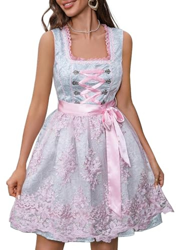 Aibaowedding Traditionelles Costume Dress 2-Piece Women's Dirndl Dress mit Spitzenschürze Midi-Länge Oktoberfest Trachtenkleid mit Schleife (L,Grau)