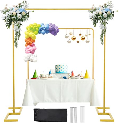 8.2FT x 8FT Backdrop Stand Heavy Duty with Base, Gold Portable Adjustable Pipe and Drape Backdrop Stand Kit, Over The Table Rod Stand with Clamps, Square Metal Arch Party Frame for Birthday Decor