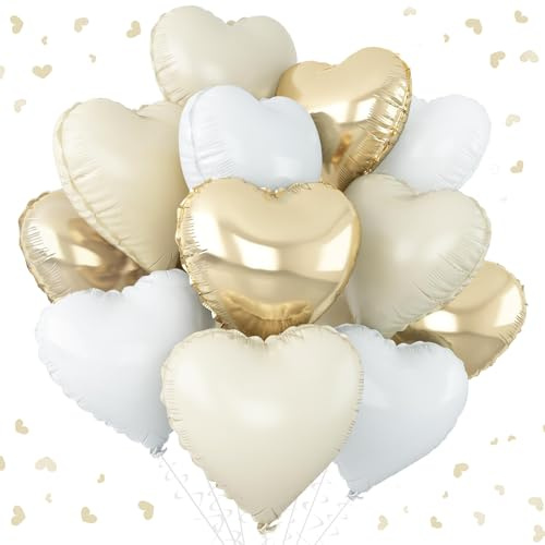 Herz Folienballons 24 Stück, 18 Zoll Herz Helium Luftballons Heliumballon Herzen Hellgold, Creme Beige und Weiss Herzballons Folienluftballon für Geburtstag Party Hochzeit Dekoration (A)