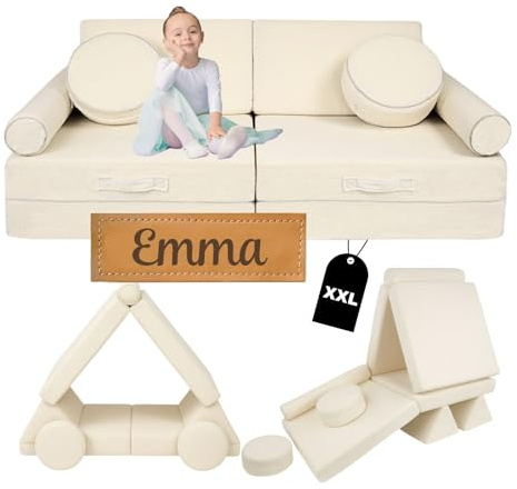Flumi Modulares Kindersofa/Spielsofa, 10-teiliges Schaumstoff Sofa für Kinder und Erwachsene, mit Namensschild, vielseitig kombinierbar, waschbare Bezüge (Boucle, Beige)