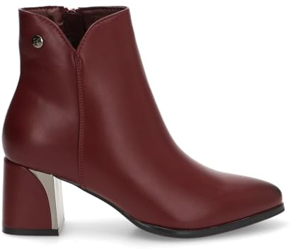 Etika Botines de Tacón Ancho para Mujer, Botín Elegante de Punta Almendrada con Detalle Metálico en el Tacón de 6cm, Cierre con Cremallera, Modelo 32019 Burdeos - 39