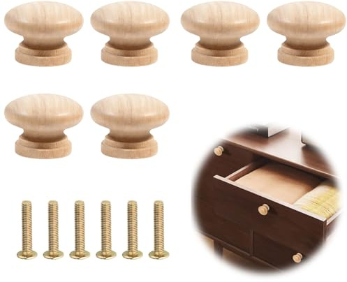 Gripiti Wooden Cabinet Knobs 6 Pcs, 35mm*25mm Drawer Knobs with Screws Mushroom Round Door Knobs for Cupboards Natural Unfinished Wood Handles for Furniture Wardrobe Kitchen Dresser Pull
