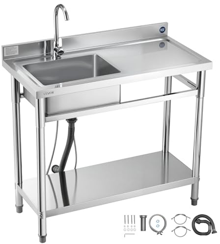 VEVOR Stainless Steel Utility Sink, Free Standing Single Bowl Commercial Kitchen Sink with Faucet, 39.4 x 19.7 x 37 in, Utility Right Basin with Hot & Cold Water Pipe for Garage, Restaurant, Laundry