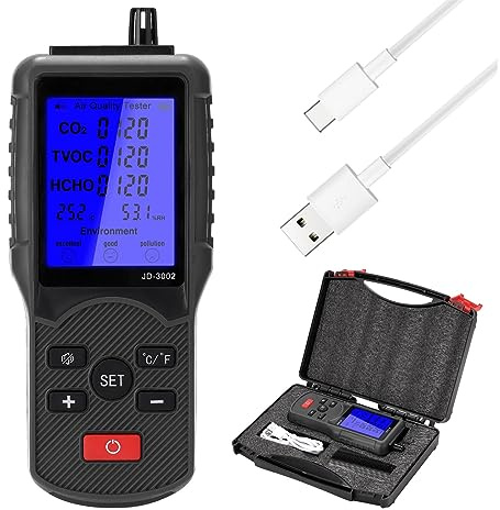 Gas Detector, JD-3002 Air Quality Tester Multifunctional CO2 TVOC Meter Temperature Humidity Measuring Device CO2 Detector(Plastic Box Type)