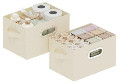 ENUMAIL Cajas de Almacenaje con Manija Metálica,26x20x17cm,Beige,2 Piezas | Cesta de Almacenamiento con Placa de Soporte PP,Organizador de Ropa con Mango,Lavable Caja para Armario Plegable con Tapa