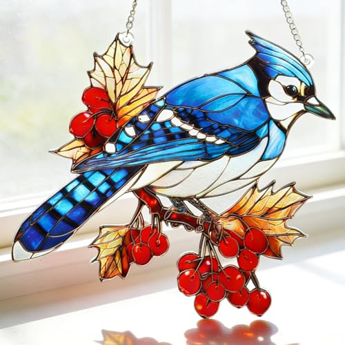 MEIYUDA Stained Glass Window Hanging Suncatcher, Blue Jay Sun Catchers for Windows Double Side Glass Panel Hanging, Craft Decor Birthday Gifts for Women, Men, Mom and Lovers 20x20cm