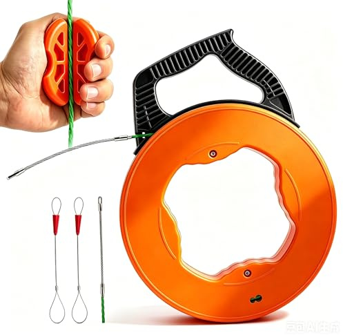 Ayuda para extraer cables, 50 m, 4,5 mm, espiral retráctil con cabezal de rodillo de 360°, carcasa de plástico, asa, muelle retráctil para tubos vacíos, alambre de tracción, ayuda de extracción de