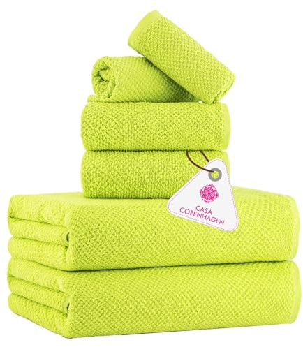 Casa Copenhagen - Juego de Regalo de 6 Toallas de baño, 550GSM,neón Verde | Popcorn 100% algodón egipcio puro para baño, cocina y ducha: 2 toallas baño, 2 de mano, 2 paños (set regalo mujer y hombre)