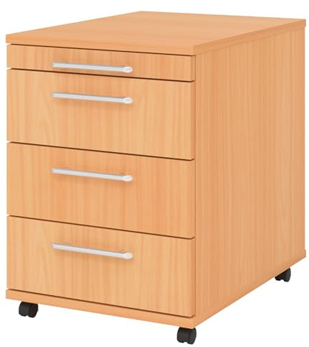 bümö Basic Rollcontainer mit Schubladen, Container aus Holz in Buche - Rollwagen für's Büro als Schreibtisch Unterschrank, Bürocontainer od. Schreibtischcontainer mit Relinggriffe
