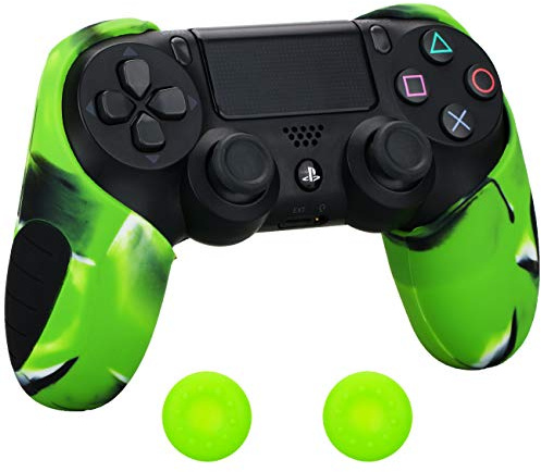 Pandaren® silikon dickere gälfte skin hülle Schutzhülle für PS4 controller (Tarnung grün) x 1 + thumb grips aufsätze x 2