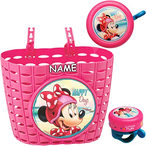 alles-meine.de GmbH Set: Fahrradkorb + Fahrradklingel - Minnie Mouse - incl. Name - Fahrrad Maus Mickey - rot - universal auch für Roller und Dreirad Laufrad/Kinderfahrrad Kind..