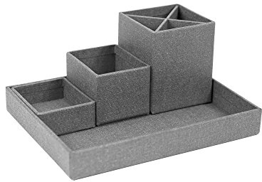 BIGSO BOX OF SWEDEN LENA Schreibtisch Organizer für Stifte, Büroklammern, Haftnotizen usw. – Sortierkasten mit 4 Fächern – Ordnungssystem aus Faserplatte und Papier in Leinenoptik – grau